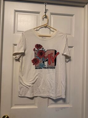 MTV White Tee with Red and Teal Floral Logo